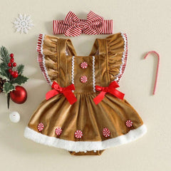 2PCS Gingerbread Man Flutter Sleeve Christmas Baby Girl Velvet Romper