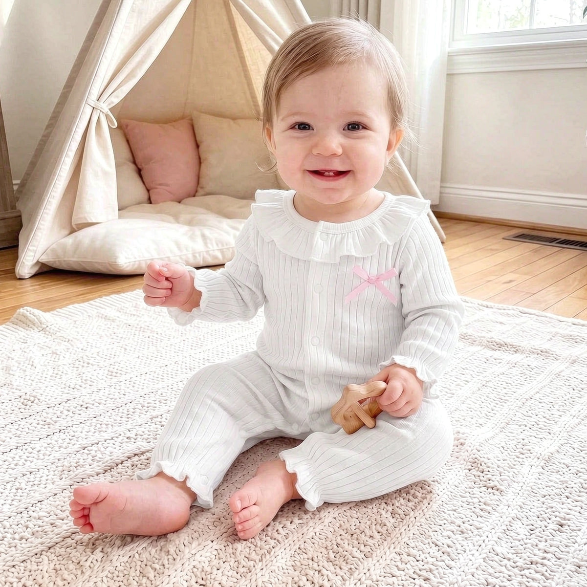 Cozy Solid Color Long Sleeve Ruffle Baby Girl Jumpsuit