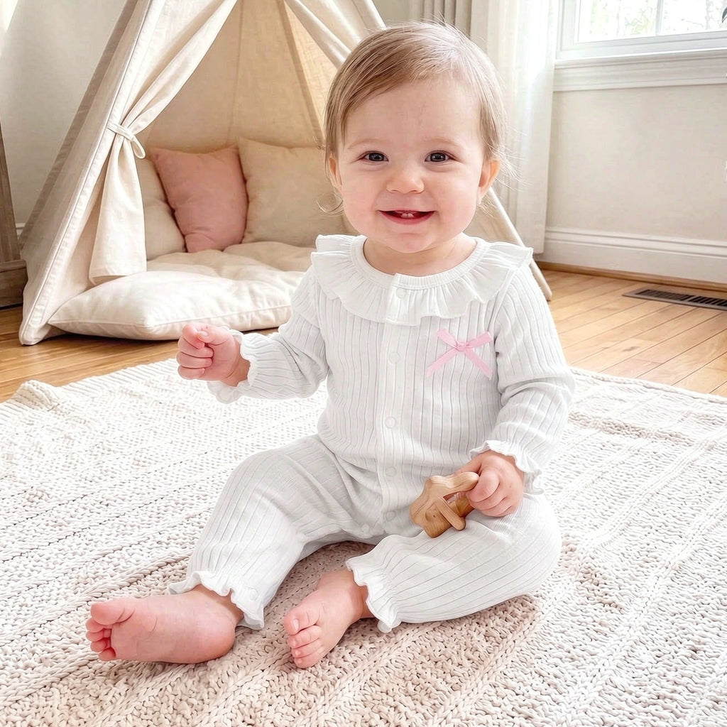 Cozy Solid Color Long Sleeve Ruffle Baby Girl Jumpsuit