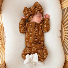 2PCS Lovely Gingerbread Bow Print Long Sleeve Zipper Baby Jumpsuit