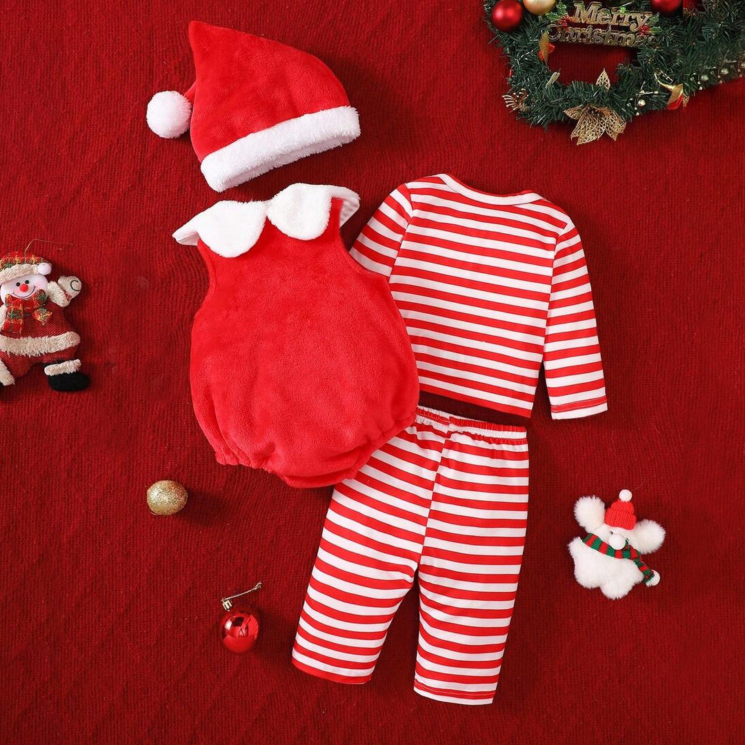 4PCS Lovely Santa Applique Stripe Print Long Sleeve Plush Baby Set