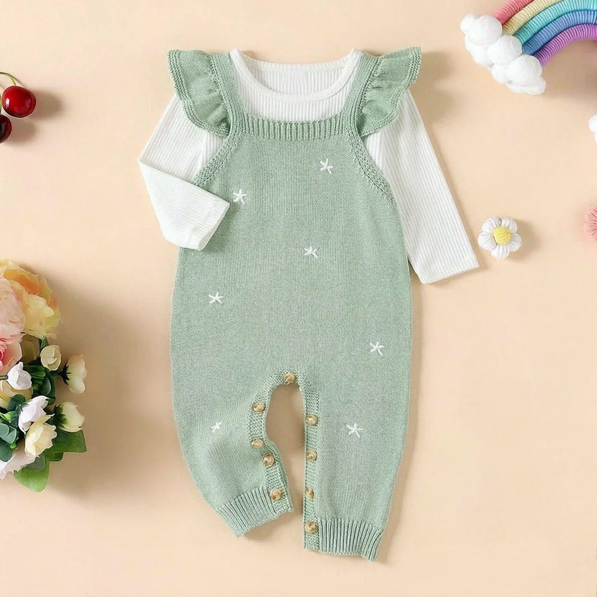 Sweet Floral Faux Two-Piece Long Sleeve Knit Baby Girl Jumpsuit Image secondaire du produit