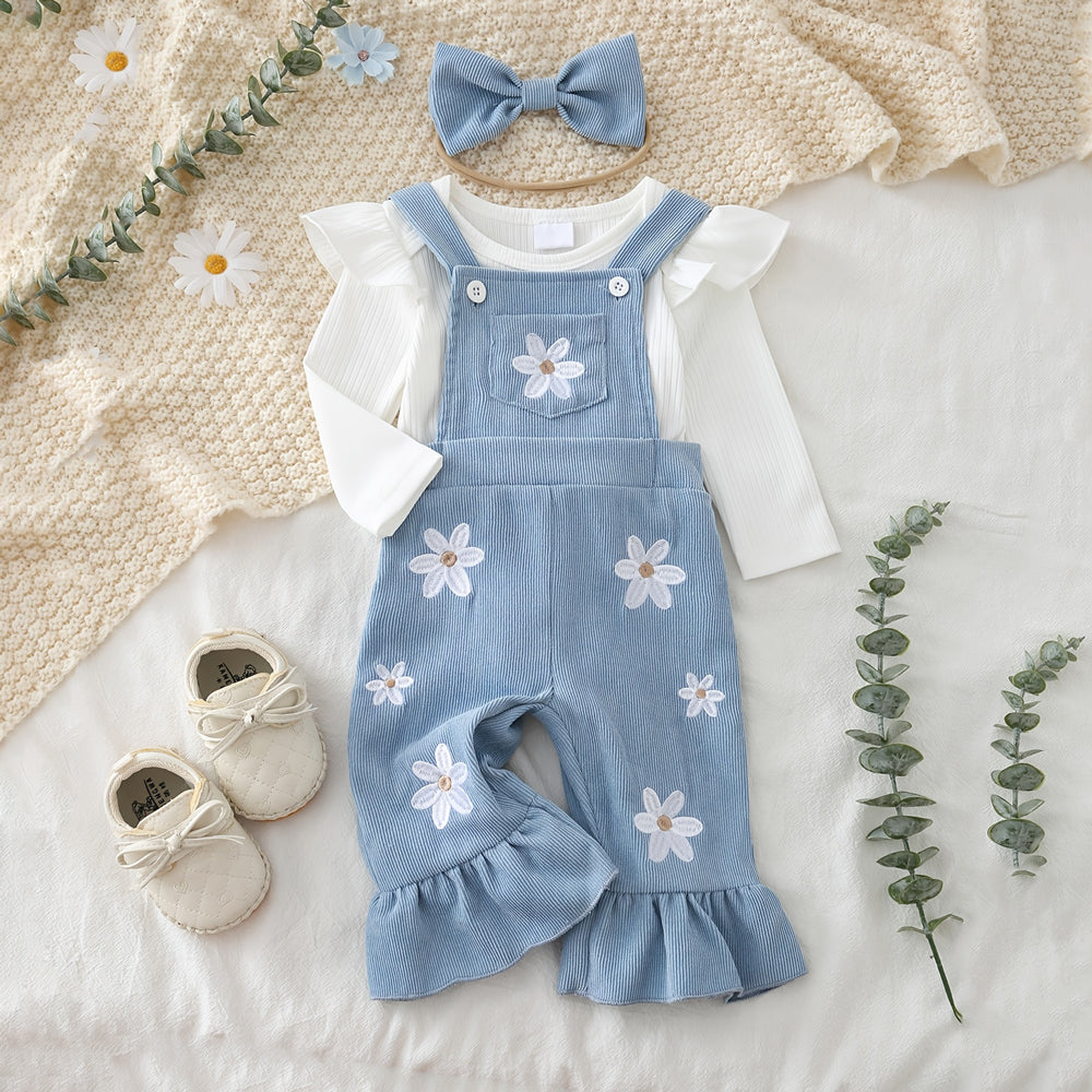 3PCS Sweet Floral Embroidered Long Sleeve Baby Corduroy Overalls Set