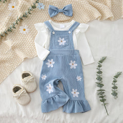 3PCS Sweet Floral Embroidered Long Sleeve Baby Corduroy Overalls Set