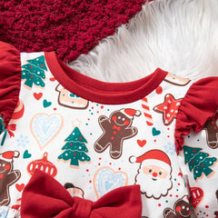 Lovely Christmas Print Bow Long Sleeve Baby Girl Romper