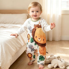 Casual Lion Elephant Print Faux Layer Long Sleeve Baby Jumpsuit