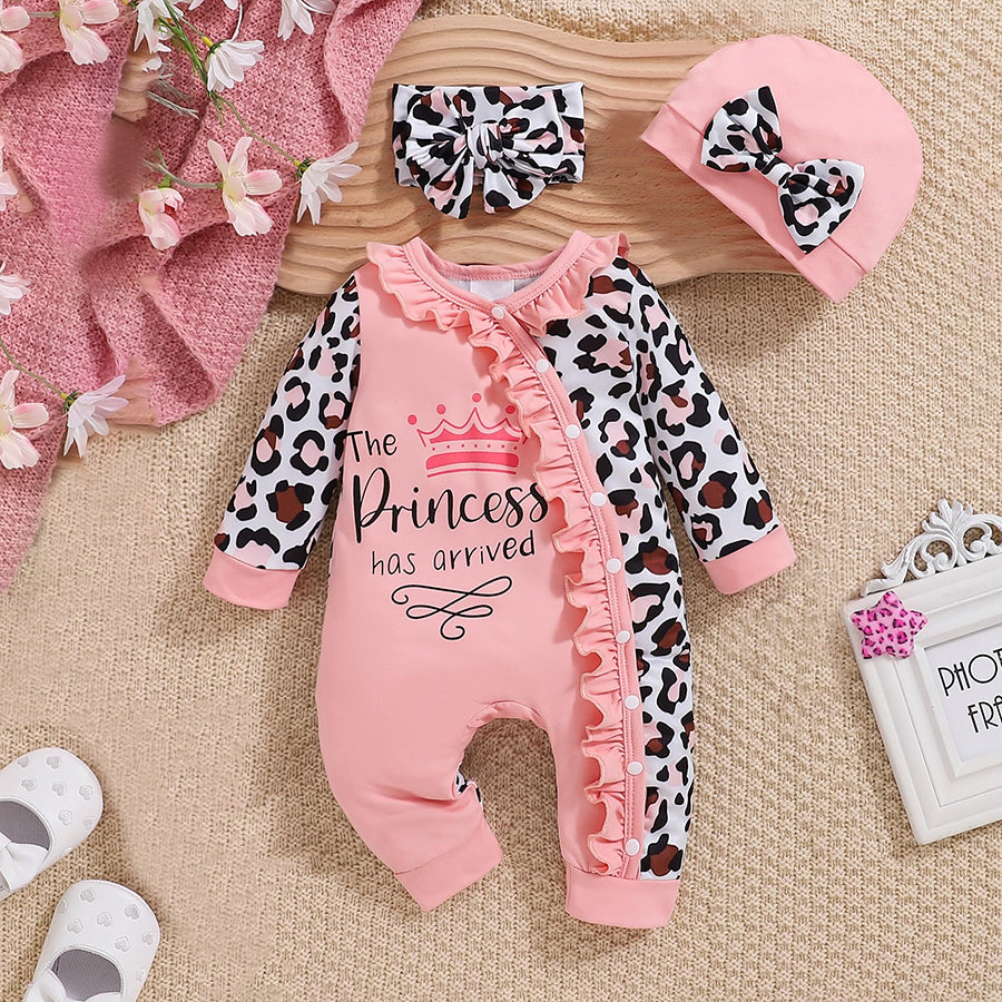 3PCS The Princess Letter Leopard Printed Long Sleeve Baby Jumpsuit