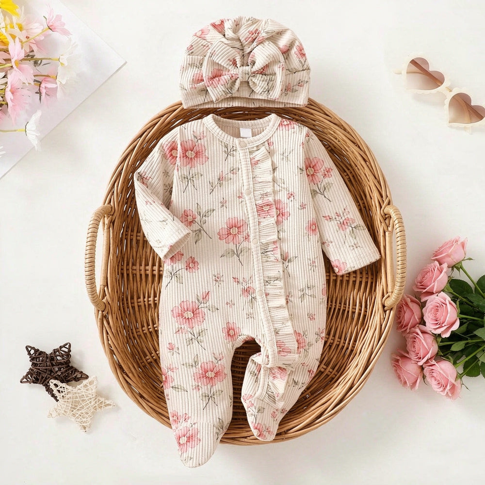 2PCS Delightful Baby Girl Floral Print Ruffle Long Sleeve Zipper Jumpsuit