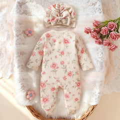 2PCS Delightful Baby Girl Floral Print Ruffle Long Sleeve Zipper Jumpsuit