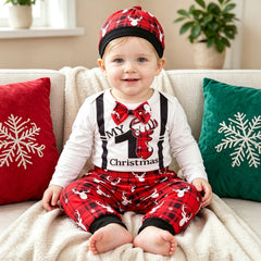 3PCS Stylish My 1st Christmas Letter Reindeer Plaid Print Baby Boy Set