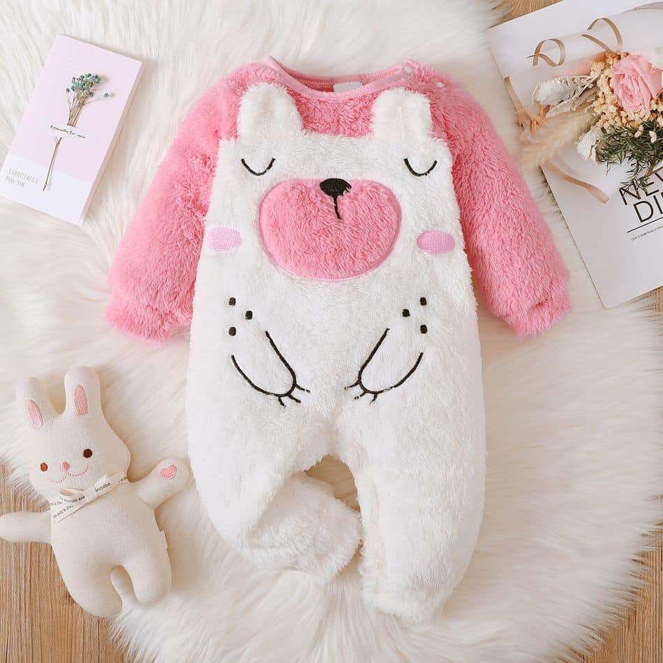 Sweet Fuzzy Bear Design Long Sleeve Baby Girl Jumpsuit Main image