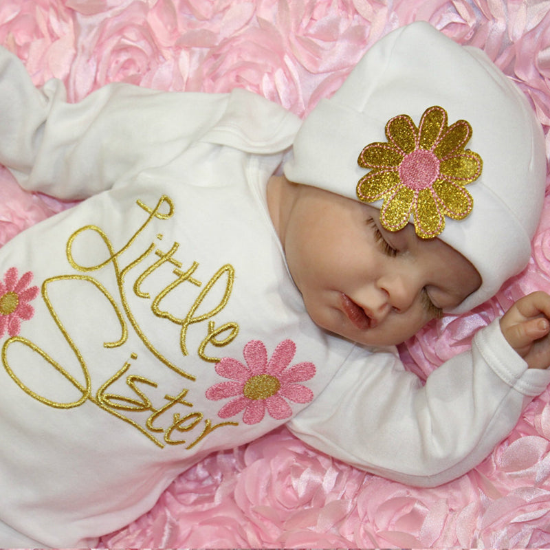 Baby NewBorn Little Sister Floral Print Pajamas and Hat Imagem secundária do produto