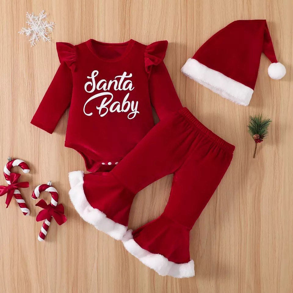 3 peças de conjunto de bebê estampado com carta de Papai Noel de Natal