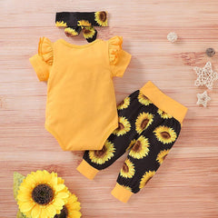 3PCS Sunflower Short Sleeve Letter Printed Bodysuit with Floral Printed ...